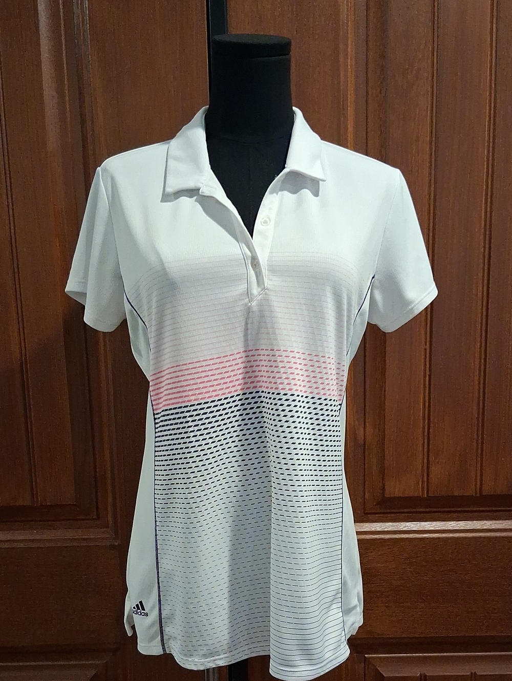adidas White Polo Shirt with Pink & Navy Graphic
